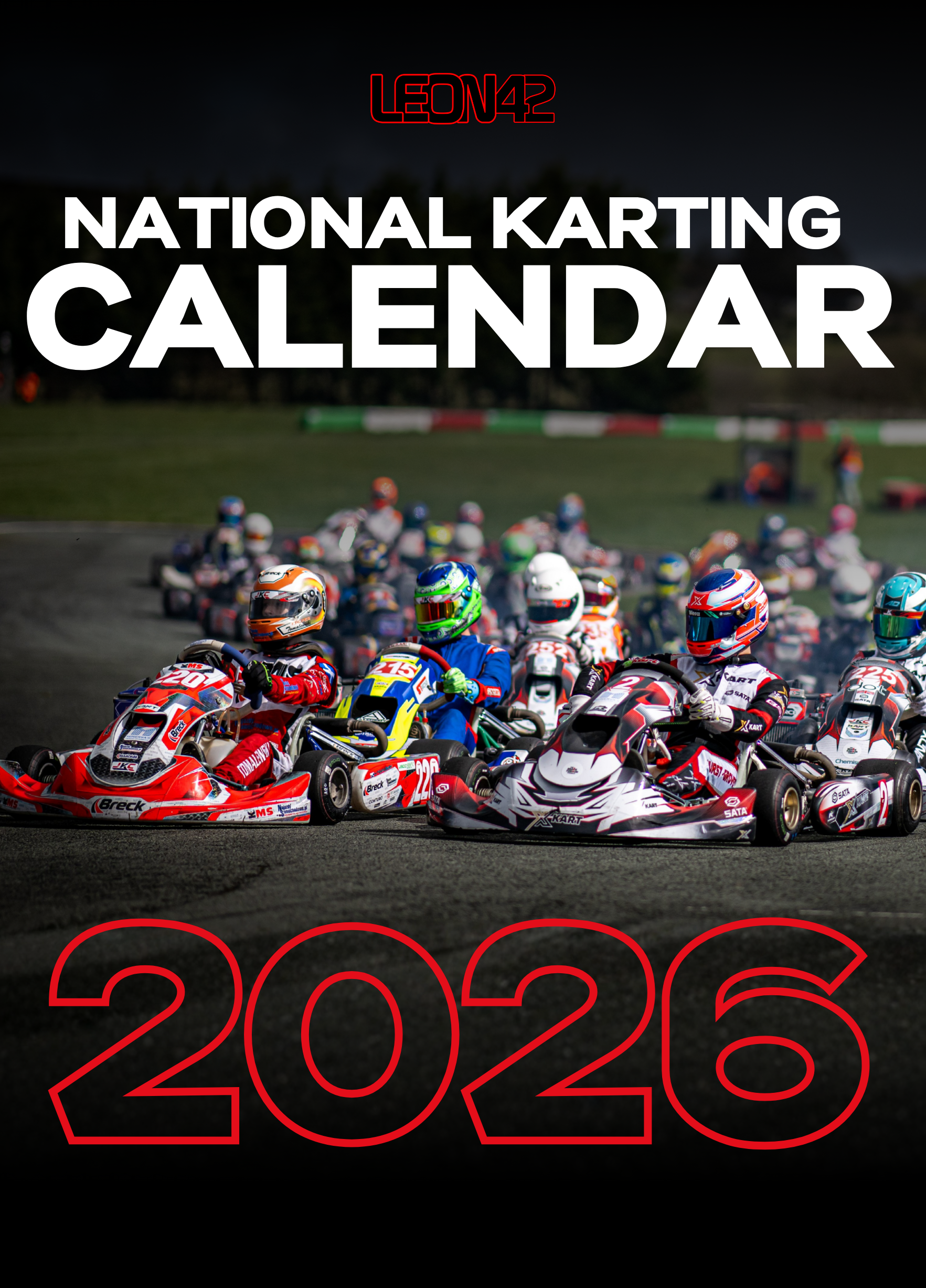 Cover for 2026 National Karting Calendar by Leon Barlow including Ultimate Karting Championship, The Kart Championship, British Kart Championships, National Kart Cup and SuperOne.